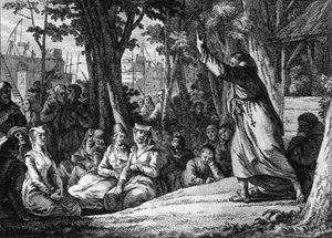 ロベール・ダルブリセル（1045-1116）は、1101年にフォントヴロー（アンジュー）の森で説教を行い、フォントヴロー（フォントヴロー）修道院の修道会を設立しました。Jean Michel Moreau, dit Moreau le Jeune (1741- 1814)によるエングレーヴィング。 作： Jean Michel the Younger Moreau