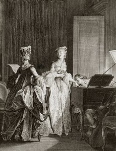 スイスの哲学者Jean Jacques (Jean-Jacques) Rousseau (1712-1778)の「Julie ou la nouvelle Heloise」のチェンバロに向かうサン・プレウとクレール-Moreau le jeune, Jean Michel (1741-1814)のエングレーヴィング（サン・プレウ、チェンバロに落ち着く、kisse 作： Jean Michel the Younger Moreau