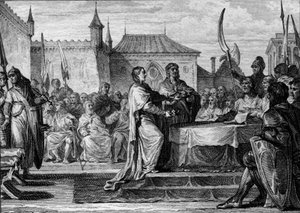 768年、簡潔王ペピンの継承：議会は彼の2人の息子、シャルルマーニュ（747-814）とカルロマン（751-771頃）に王国を分割することを決定し、簡潔王ペピンが行った取り決めを崩しました。ジャン・ミシェル・モロー（モロー1世）によるエングレーヴィング