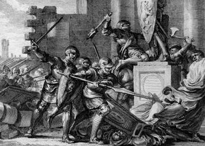 サクソン人との戦争（772年）：シャルルマーニュの軍隊によって、サクソン人のパイア人の神であるイルメンスルの神殿と偶像が破壊される。ドイツ、エーレスブルグ。ジャン・ミシェル・モロー（モロー・ル・ジューン）（1741-1814）の版画 作： Jean Michel the Younger Moreau