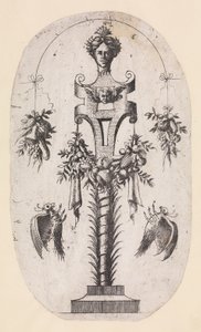 女性の頭、ストラップワーク、トロフィー、1535-55 のタームのデザイン。 作： Jean Mignon