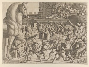 トロイア人が木馬を都市に持ち込んだ、1535-55年。 作： Jean Mignon