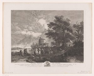 橋のある風景の中の狩猟会社 Petite Partie de Chasse (オブジェクトのタイトル) Philips Wouwermanによる絵画の後の版画（シリーズタイトル） Works of Ph.pe Wouwermans Hollandois (シリーズタイトル) 作： Jean Moyreau