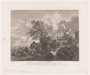 滝で旅行者のいる風景 La cascade (オブジェクトのタイトル) Philips Wouwermanによる絵画の後の版画（シリーズタイトル） Works of Ph.pe Wouwermans Hollandois (シリーズタイトル) 作： Jean Moyreau