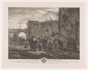 僧侶が中庭で巡礼者に食事を配る La Charité des Capucins (オブジェクトのタイトル) Philips Wouwermanによる絵画の後の版画（シリーズタイトル） Works of Ph.pe Wouwermans Hollandois (シリーズタイトル) 作： Jean Moyreau