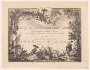 Philips Wouwerman のポートレートと、人物や動物が風景の中に描かれたタイトル プリント Philips Wouwermanによる絵画の後の版画（シリーズタイトル） Oeuvres de Ph.pe Wouwermans Hollandois (オブジェクトのシリーズ タイトル) 作： Jean Moyreau