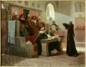 アルビジョイスの異端審問。"ラングドックの扇動者ベルナール・デリキュー（1260-1318）、裁判中のフランシスコ会修道士"裁きの場面：中央の1列目、ベルナール・デリキューと向き合っている大審問官は、2人の修道士に囲まれ、背後には 作： Jean Paul Laurens