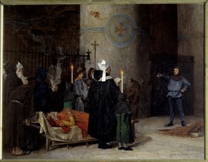1066年から1087年（1087年）までイングランドの王であった征服王ウィリアム（1027-1087）の葬儀を、カーンのアビー・オ・オム（Abbey-au-Hommes）で行う。アセリンという男が儀式を中断している。ジャン・ポール・ローレンス（1838-1921）の絵 作： Jean Paul Laurens