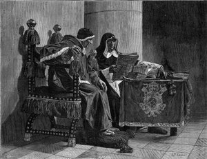 教皇と奉行も「シクステ4世（1471-1484）とトマス・デ・トルケマーダ（1420-1498）」と言っています。ジョン・ポール・ローレンス（1838-1921）の絵の後のエングレーヴィングです。 作： Jean Paul Laurens