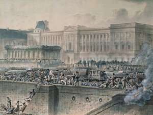 1789年7月17日、ルーヴル美術館の正面に到着したルイ16世（1754-93）（紙と紙とガッシュ） 作： Jean Pierre Houel