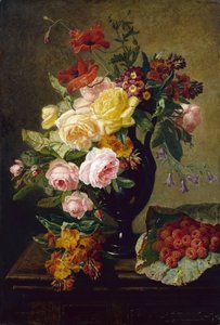 ラズベリーの花瓶に入ったバラ、ポピー、ウォールフラワー（キャンバスに油彩） 作： Jean Pierre Lays