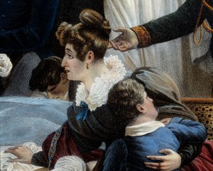 ナポレオンの死、1821年5月5日、サン・ヘレンデテール アンリ・ガティアン・ベルトラン（1773-1844）の妻、ファニー・ベルトランを表す。シャルル・オーギュスト・スチューベン（1788-1856）の絵をもとにジャン・ピエール・マリー・ジャゼ（1788-1871）が描いたリトグラフ「マルメゾン」。シャトー