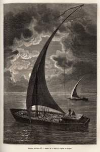 Les barques du haut Nile, reduced crew and passengers sleeping on deck, in moonlight, J.Moynet