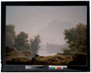 朝と夕方：羊飼いのいる古典的な風景、その向こうに水道橋。 作： Jean Pierre Pequignot