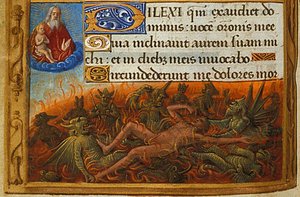 時間の書、詳細: 悪魔に苦しめられ、ラザロの魂に見守られたダイブ、c. 1500 作： Jean Poyet