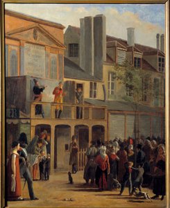 ストリートシアター："La parade de Bobeche et Galimafre sur le Boulevard du Temple devant le Theatre des delassements comiques" ジャン・ローラー（1798-1866）の絵画 1820 Sun.1,01x0,83 m パリ、Musee Carnavalet