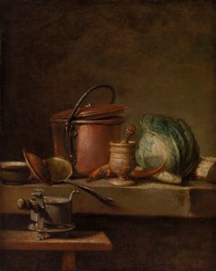 銅鍋、キャベツ、乳棒、ストーブのある静物 作： Jean Baptiste Simeon Chardin