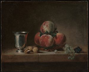 桃、シルバーゴブレット、ブドウ、クルミのある静物 作： Jean Baptiste Simeon Chardin