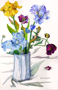 菖蒲、銀の花瓶のポピー （紙に水彩、インク）