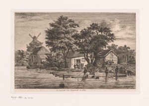 背景の建物と風車で、木の幹が集められたアントワープのイングリッシュ ベストの眺め 1867年に完成したイングリッシュ・ベスト（オブジェクトのタイトル） 作： Jean Théodore Joseph Linnig
