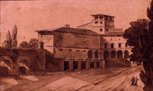 イタリアの町並み」（紙にペン、セピアインク、ウォッシュ） 作： Jean Thomas Thibault