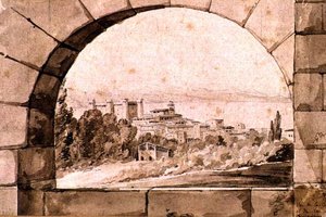 ブラッチャーノの町と湖の眺め、1810年頃（紙にペン、セピアインク、セピアウォッシュ）