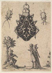 カップルと楽器を演奏する若い男性がいるカブトムシのような形をしたペンダント、1619年。 作： Jean Toutin