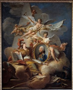 フランスのマレシャル（1684-1761）であるベルアイル公爵ルイ・シャルル・オーギュスト・フーケのアレゴリーな肖像画。絵画の中の絵画。ジャン・ヴァラード（1709-1787）による絵画 1758年日。1x0.8 m
