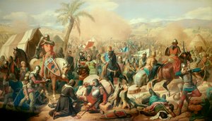 第一回十字軍"アスカロンの戦い 12/08/1099、ゴデフロイ・デ・ブイヨン（1061-1100）のアフダル宰相に対する勝利" ヴィクトル・シュネッツ（1787-1870）の絵画 1843年 日。3,15 x 5,56 m. Versailles.シャトー美術館 作： Jean Victor Schnetz