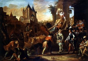 Arrivee des comediens au Mans ポール・スカロン(1610-1660)の「コミック・ローマン」を描いた絵画。ジャン・バティスト（Jean Baptiste）・クーロン（またはCoulon）（1695年頃～1735年）の絵画 作： Jean de Coulom