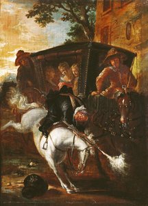 彼の背中にマスケット銃を持ち、ラゴティンは彼の馬に登って、ポール・スキャロン（1610-60）1712-16による「ローマン・コミック」から、劇団に同行します。