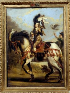 若いルイ14世（1638 - 1715）が狩りに出かけるときの騎馬像。ジャン・ド・サンティニー（1647年）の作品。キャンバスに油彩。薄さ：0.41 x 0.30m。シャンティイ、コンデ美術館（Musee Conde