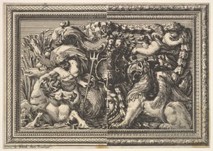 海馬とグリフィンを含む2つのバリエーションを持つパネルのデザイン、「Ornements...」より、1651年。 作： Jean le Pautre