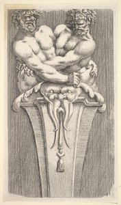 二人のバッカス像のあるタームのデザイン、「Curieuses recherches de plusieurs beaus ..., 1645」より。 作： Jean le Pautre