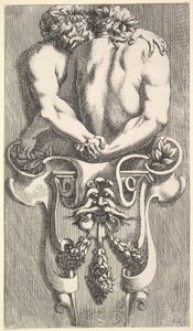 サテュロスを抱きしめる 2 人の用語のデザイン、「Curieuses Recherches de Some Beaus...」、1645 年から。 作： Jean le Pautre