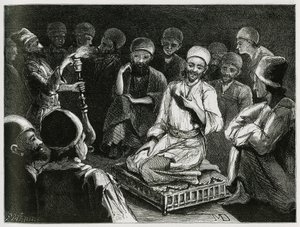 ペルシャの語り部が聴衆を取り囲んでいます。旅人の作者による、"ペルシャ、カルディ、スシアネ "の物語を説明するためのエングレーヴィング。 作： Jeanne Dieulafoy