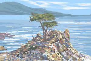 孤独なヒノキの海辺の崖