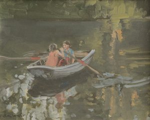 ボート漕ぎをするサルカムの子供たち（油彩・キャンバス） 作： Jennifer Wright