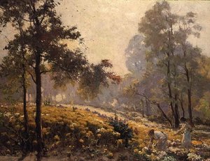 Women picking yellow flowers in a wooded landscape   1399951   ja       japanese Successfully Translated  Original: Plate 42: Painted Chest Design: From Portfolio "Spanish Colonial Designs of New Mexico" Translat: Plate 42: Painted Chest Design: From Portf 作： Jeno Karpathy