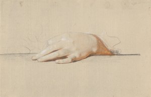 バラを持った左手がテーブルに置かれている 作： Jens Juel