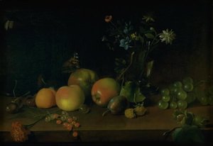 テーブルの上の花と果物 作： Jens Juel