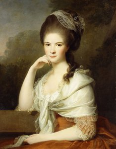 茶色のドレスと白いショールを身に着けた、ハーフレングスの女性の肖像、1778 作： Jens Juel