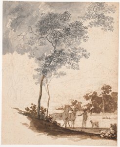 2 頭の馬と 1 組の犬を抱えた乗馬少年がいるスイスの風景。 ジャン＝アルマン・トロンシャンの肖像画の習作 作： Jens Juel