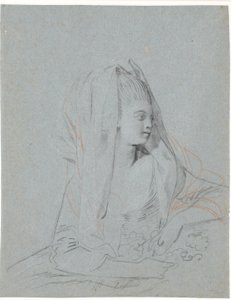 手に花を持ち、頭上にベールをかぶった、座っている若い女性の習作。 作： Jens Juel
