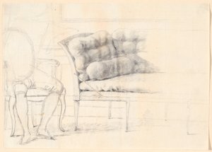 1787 年のホルムスキオルド家の肖像画の習作: 布張りのソファと、左側にホルムスキオルドの輪郭が描かれた椅子 作： Jens Juel
