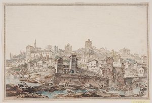 川沿いに住宅や教会がある町の展望。 古代ローマ 作： Jens Petersen Lund