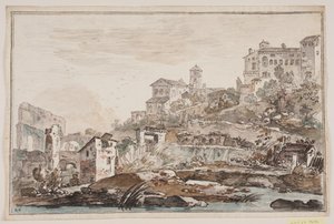 廃墟と高台にある教会と宮殿がある街の展望 作： Jens Petersen Lund