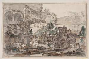 渓流沿いの廃墟と民家の展望 作： Jens Petersen Lund