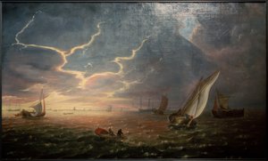 日没時の荒海での帆船 作： Jeronimus van Diest