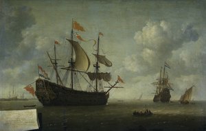 ロイヤル チャールズの到着 1667 年 6 月、メドウェイでのオランダの襲撃中に捕らえられた、Hellevoetsluis へのイギリスの旗艦「ロイヤル チャールズ」の到着